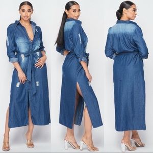 💙 Dark Denim Button Down Midi Maxi Dress with Side Slits (C)